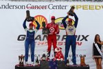 Podium nach Rennen 1 in Houston: Scott Dixon, Simona de Silvestro und Justin Wilson 