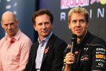 Adrian Newey, Christian Horner und Sebastian Vettel auf der Red-Bull-Weihnachtsfeier in Milton Keynes