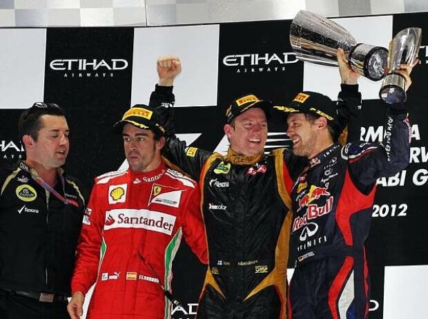 Eric Boullier (Lotus-Teamchef), Fernando Alonso, Sebastian Vettel, Kimi Räikkönen