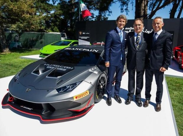 Titel-Bild zur News: Lamborghini Huracán Super Trofeo mit Stephan Winkelmann, Giampaolo Dallara und Maurzio Reggiani (von links)