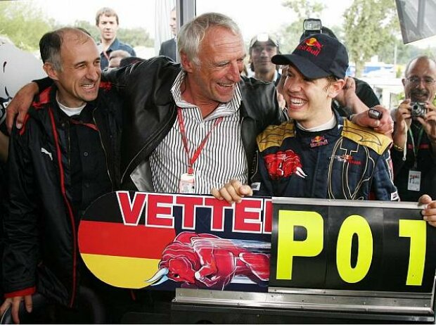 Franz Tost (Teamchef), Dietrich Mateschitz (Red Bull-Boss), Sebastian Vettel