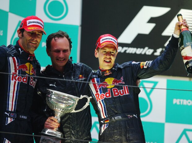 Sebastian Vettel, Mark Webber, Christian Horner Sebastian Vettel, Mark Webber, Christian Horner