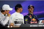 Nico Rosberg (Mercedes), Lewis Hamilton (Mercedes) und Daniel Ricciardo (Red Bull) 