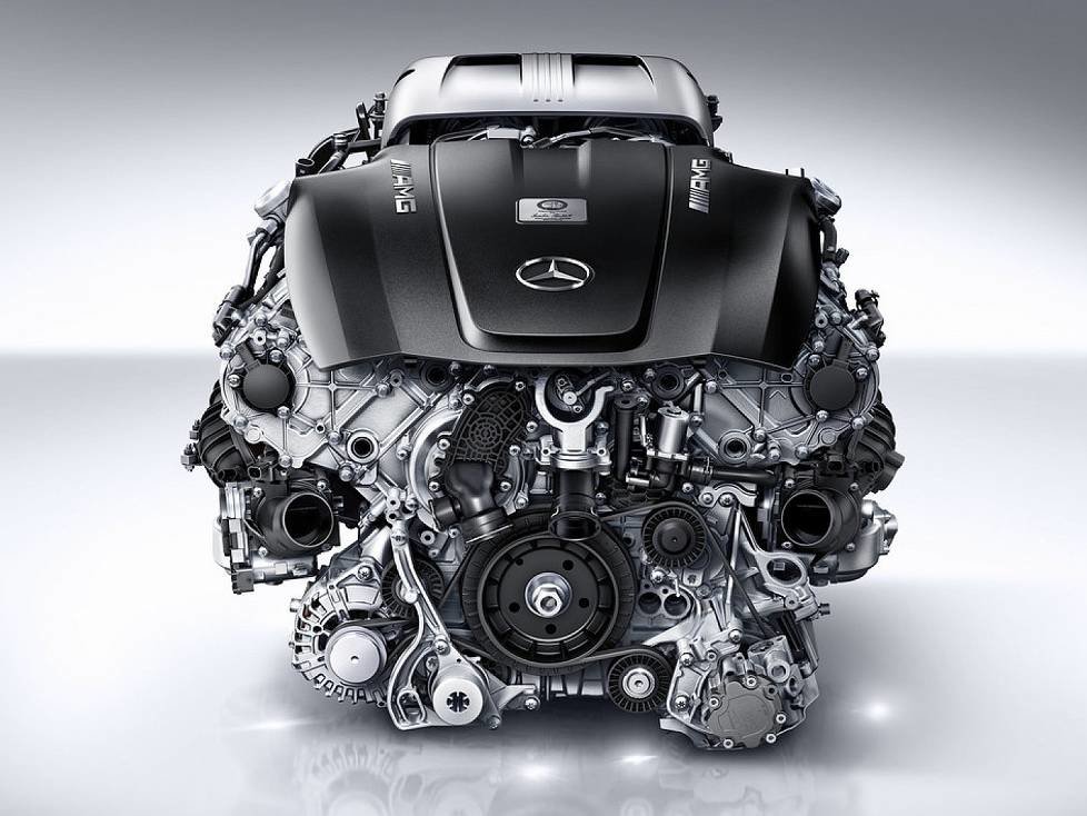 Mercedes-AMG GT: AMG V8-Zylinder-Benzinmotor mit Biturboaufladung, Baureihe M178, V-Anordnung der Kolben, Kurbelwelle, Turbolader