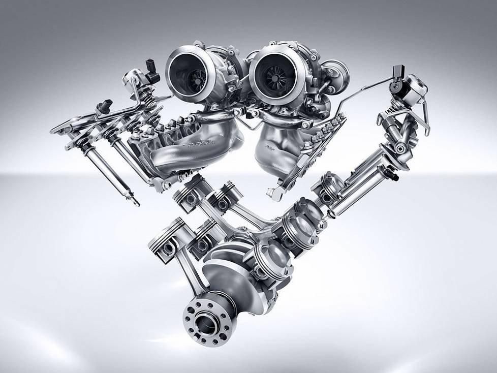 Mercedes-AMG GT: AMG V8-Zylinder-Benzinmotor mit Biturboaufladung, , Baureihe M178, V-Anordnung, beide Turbolader im 90-Grad-V der Zylinder, Kolben, Kurbelwelle