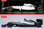 Seitenansicht: das von Flügelchen befreite Heck kennen wir schon seit der Formel 1 2009, in Kombination mit der tiefen Nase erinnert der neue Williams FW37 in der Seitenansicht nun etwas an die Formel-1-Autos der frühen 1990er Jahre.