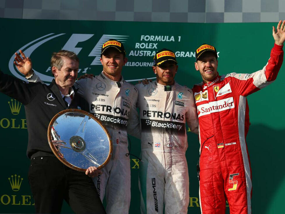 Thomas Weber, Nico Rosberg, Lewis Hamilton und Sebastian Vettel