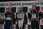 Siegerehrung im Media-Center: Carlos Munoz, Marco Andretti und Simon Pagenaud