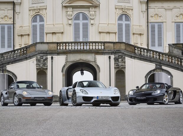 Porsche 959, 918 Spyder und Carrera GT (von links) 