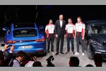 Porsche-Vorstandschef Oliver Blume mit den siegreichen Le-Mans-Piloten Marc Lieb, Romain Dumas und Neel Jani bei der Panamera-Weltpremiere in Berlin 