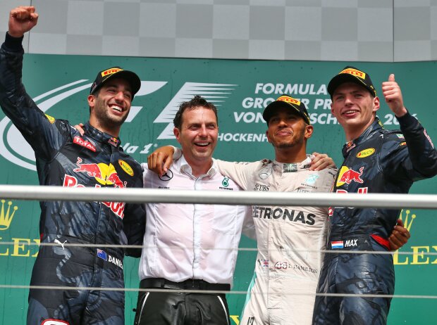 Titel-Bild zur News: Daniel Ricciardo, Lewis Hamilton, Max Verstappen