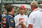 Christian Horner, Sebastian Vettel (Ferrari) und Helmut Marko 