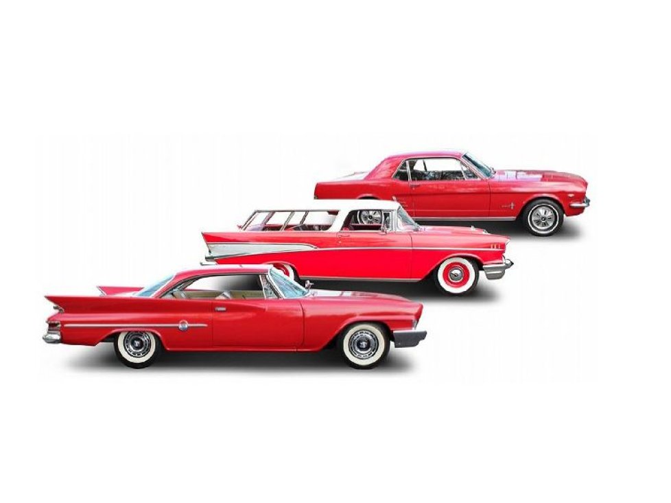 "Drive Home" (v.u.): Chrysler 300 G (1961), Chevrolet Nomad (1957) und Ford Mustang (1966)