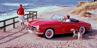 Mercedes-Benz 190 SL (W 121, 1955 bis 1963). Zeitgenössisches Werbefoto aus den 1950er-Jahren auf der Insel Sylt