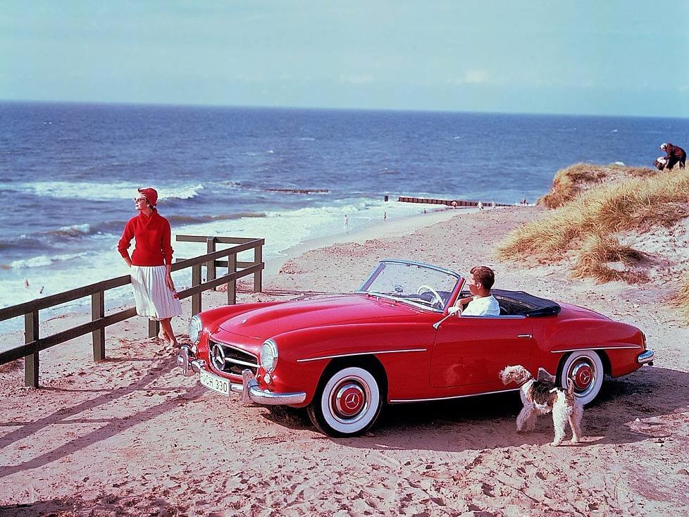 Mercedes-Benz 190 SL (W 121, 1955 bis 1963). Zeitgenössisches Werbefoto aus den 1950er-Jahren auf der Insel Sylt
