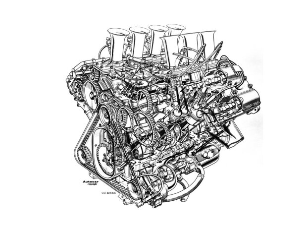 Der Ford-Cosworth DFV von 1967 in der Schnittdarstellung