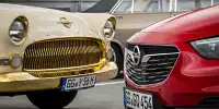 Opel-Flaggschiffe unter sich: Der Insignia Grand Spoirt von 2017 trifft auf den zweimillionsten Opel von 1956 - einen Kapitän mit goldfarbener Lackierung und mit 24-karätigem Gold überzogenen Zierteilen