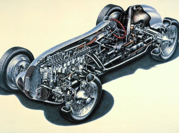 Schnittzeichnung des Mercedes-Benz W 125 Rennwagens, 1937 Schnittzeichnung des Mercedes-Benz W 125 Rennwagens, 1937