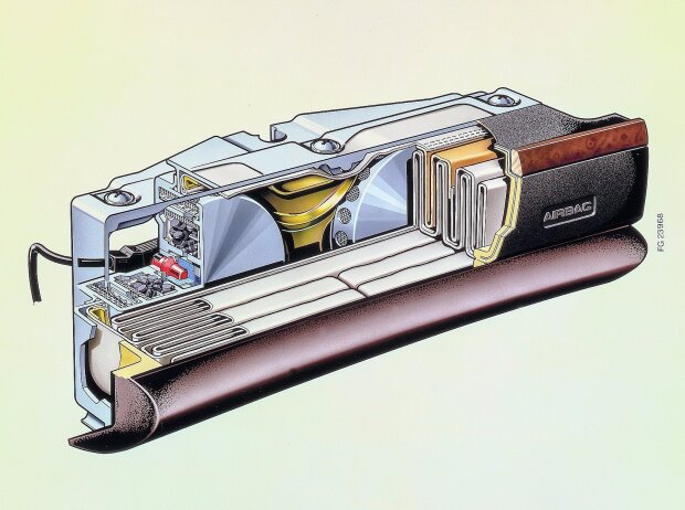 Schnittzeichnung des Beifahrer-Airbag-Moduls der Mercedes-Benz S-Klasse (W 126). Wesentliche Komponenten in der Darstellung sind der zusammengefaltete Luftsack sowie die beiden Gasgeneratoren mit ihrer Füllung aus Festtreibstoffpellets 