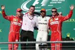 Lewis Hamilton (Mercedes), Sebastian Vettel (Ferrari) und Kimi Räikkönen (Ferrari) 
