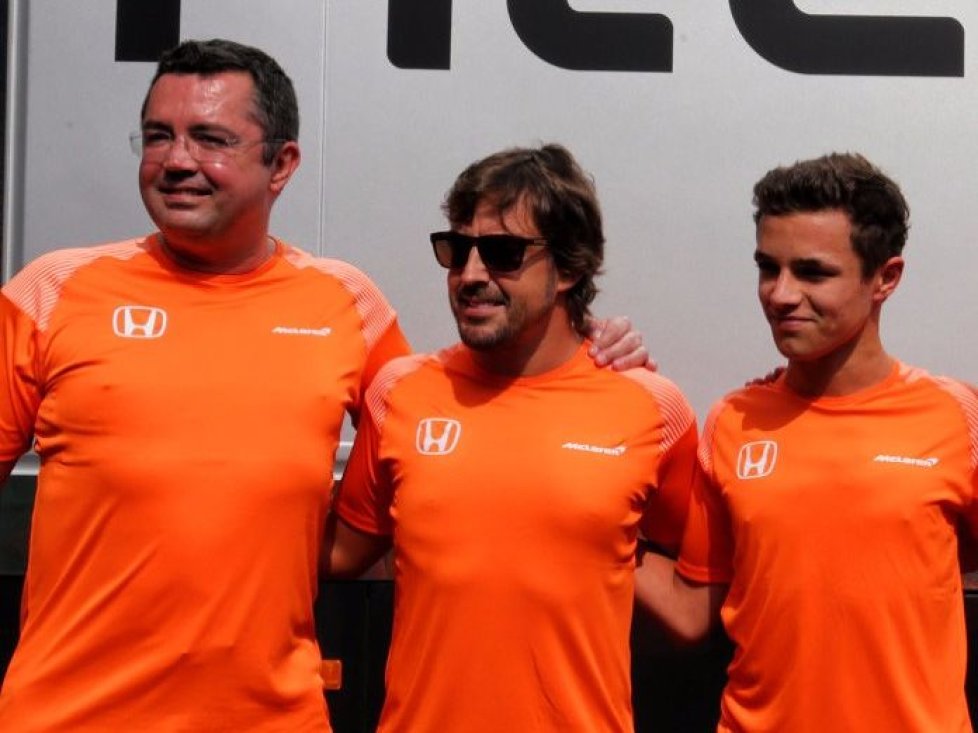 Eric Boullier, Fernando Alonso, Lando Norris, Stoffel Vandoorne, Zak Brown