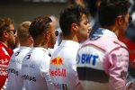 Valtteri Bottas (Mercedes), Lewis Hamilton (Mercedes), Daniel Ricciardo (Red Bull) und Esteban Ocon (Force India) 