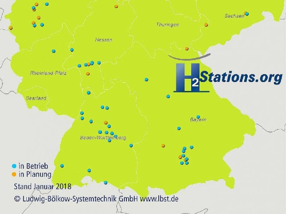 Wasserstofftankstellen in Süddeutschland - Stand Januar 2018
