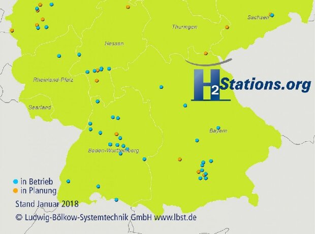 Wasserstofftankstellen in Süddeutschland - Stand Januar 2018 Wasserstofftankstellen in Süddeutschland - Stand Januar 2018