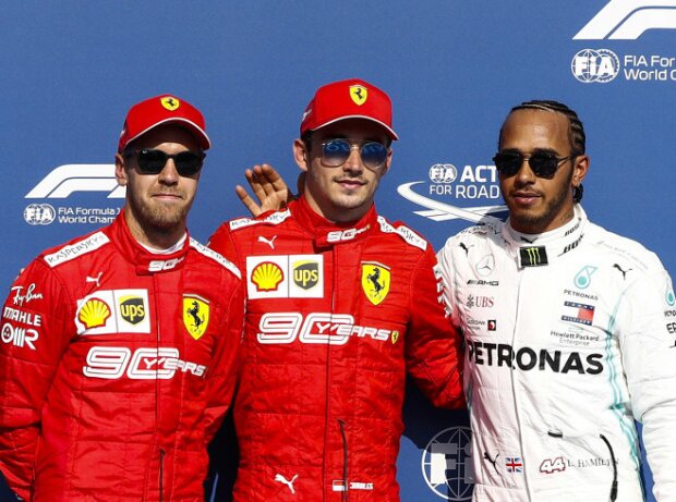 Titel-Bild zur News: Charles Leclerc, Sebastian Vettel, Lewis Hamilton