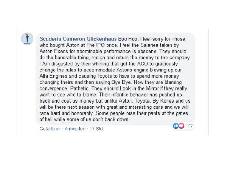 Scuderia Cameron Glickenhaus, Aston Martin, Facebook-Statement
