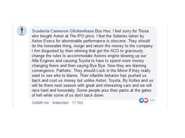 Scuderia Cameron Glickenhaus, Aston Martin, Facebook-Statement Scuderia Cameron Glickenhaus, Aston Martin, Facebook-Statement