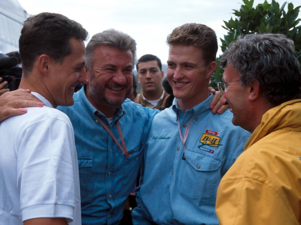 Michael Schumacher, Willi Weber, Ralf Schumacher, Eddie Jordan, Portugal 1996