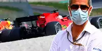 Zweikampf zwischen Sergio Perez (Red Bull) und Charles Leclerc (Ferrari) beim Grand Prix von Österreich auf dem Red-Bull-Ring in Spielberg 2021 (Fotomontage mit FIA-Rennleiter Michael Masi)