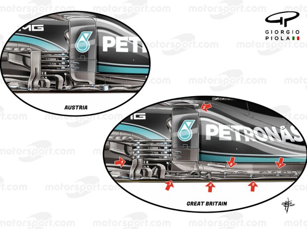 Grafische Darstellung des Mercedes-Upgrades im Unterboden-Bereich beim Formel-1-Rennen in Silverstone (Großbritannien) im Vergleich mit der Version aus Österreich