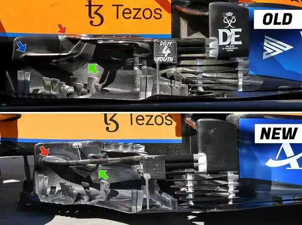 Titel-Bild zur News: Windabweiser am McLaren-Mercedes MCL35M der Formel 1 2021 vor und nach dem Update beim Grand Prix von Ungarn in Budapest