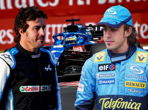 Fotomontage: Fernando Alonso als Alpine-Fahrer in der Formel 1 2021 und als Renault-Fahrer in der Formel 1 2004 Fotomontage: Fernando Alonso als Alpine-Fahrer in der Formel 1 2021 und als Renault-Fahrer in der Formel 1 2004