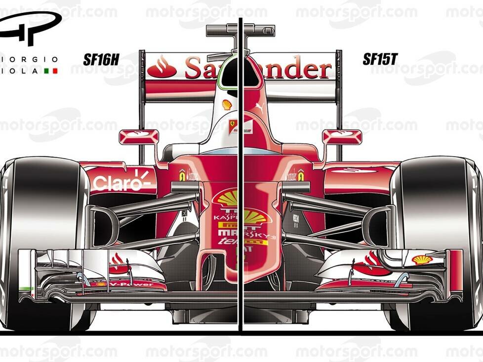 Vergleich zwischen Ferrari SF16H von 2016 und Ferrari SF15T von 2015 mit veränderter Nasenkonstruktion