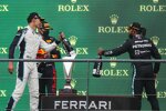 George Russell (Williams), Max Verstappen (Red Bull) und Lewis Hamilton (Mercedes) 