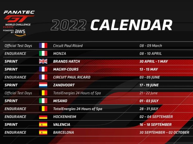 GTWC Europe 2022, Kalender