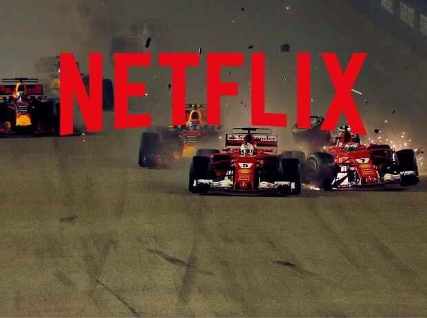 Titel-Bild zur News: Das Netflix-Logo über einem Foto vom Startcrash zwischen den Ferrari-Teamkollegen Sebastian Vettel und Kimi Räikkönen beim Grand Prix von Singapur 2017
