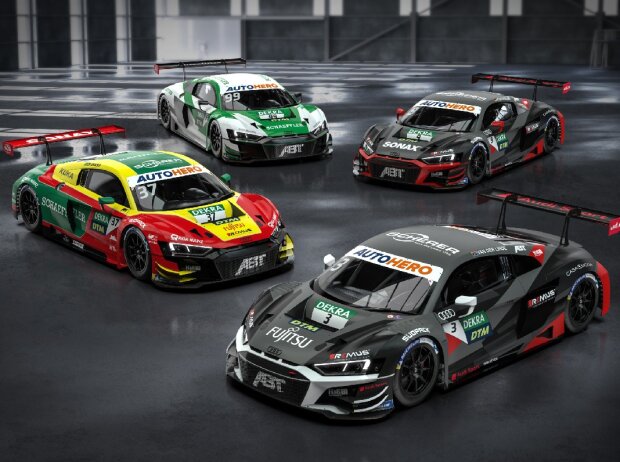 Die vier Audi R8 LMS des Abt-Teams von Kelvin van der Linde, Lucas di Grassi, Mike Rockenfeller und Sophia Flörsch. Die vier Audi R8 LMS des Abt-Teams von Kelvin van der Linde, Lucas di Grassi, Mike Rockenfeller und Sophia Flörsch.