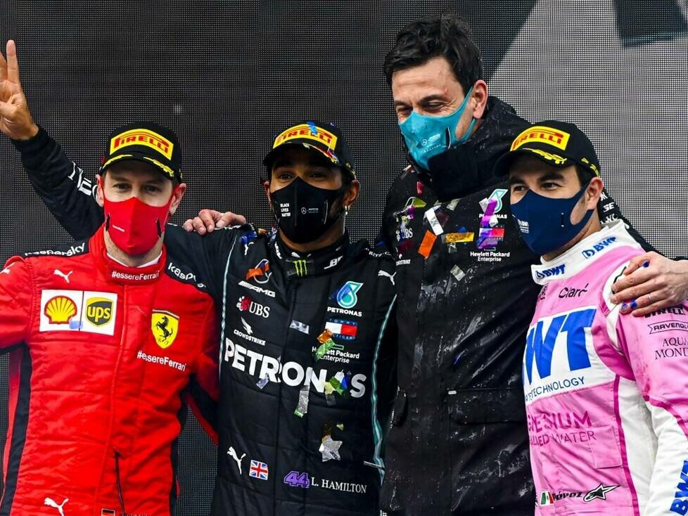 Sebastian Vettel, Lewis Hamilton, Toto Wolff, Sergio Perez
