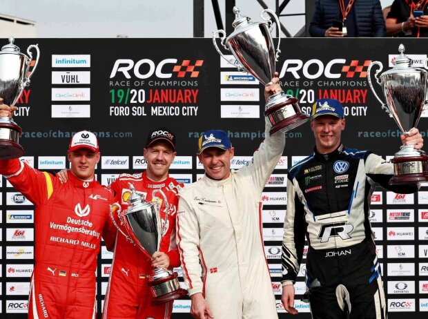 Das Podium des Nations Cup des ROC 2019 (v.l.n.r.): Mick Schumacher und Sebastian Vettel (Team Germany) neben Tom Kristensen und Johan Kristoffersson (Team Nordics)