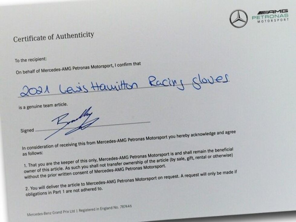 Echtheitszertifikat für die Original Formel 1-Handschuhe von Lewis Hamilton, ausgestellt von Mercedes AMG Petronas Motorsport