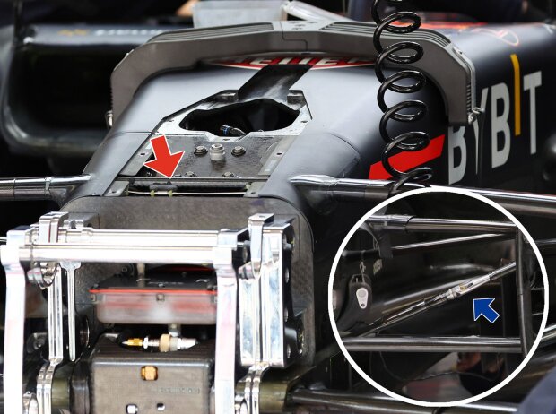 Die Vorderrad-Aufhängung des Red Bull RB18 mit durchgängiger Strebe am oberen Querlenker