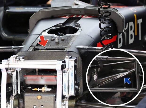 Die Vorderrad-Aufhängung des Red Bull RB18 mit durchgängiger Strebe am oberen Querlenker Die Vorderrad-Aufhängung des Red Bull RB18 mit durchgängiger Strebe am oberen Querlenker