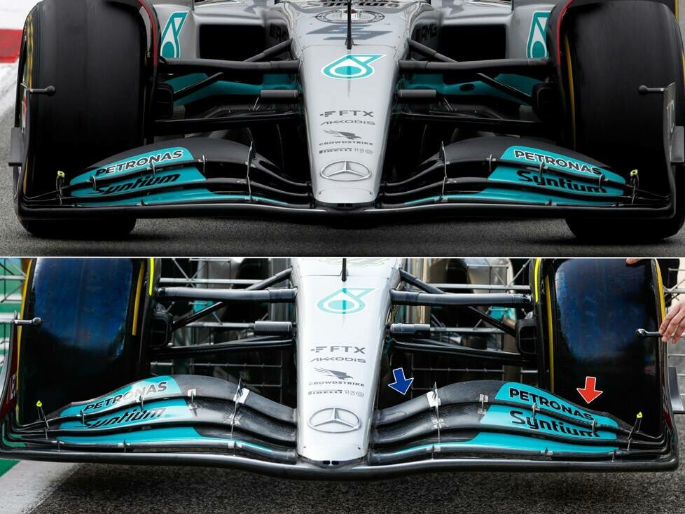 Fronflügelvergleich beim Mercedes W13: Oben Barcelona, unten Sachir