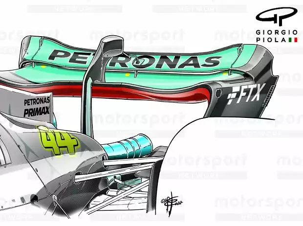 Eine Heckflügel-Variante am Mercedes W13 für wenig Abtrieb in der Formel 1 2022 in Imola Titel-Bild zur News: Eine Heckflügel-Variante am Mercedes W13 für wenig Abtrieb in der Formel 1 2022 in Imola