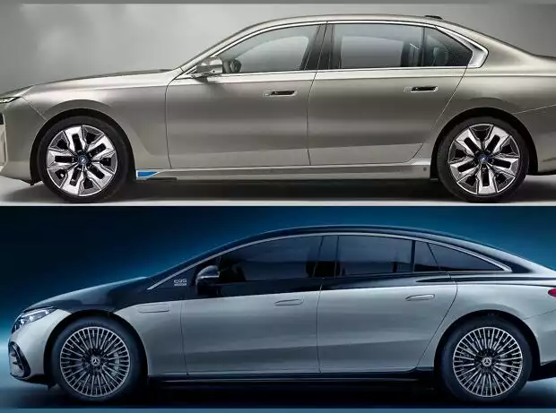 BMW i7 vs Mercedes EQS Collage mit Rahmen Titel-Bild zur News: BMW i7 vs Mercedes EQS Collage mit Rahmen