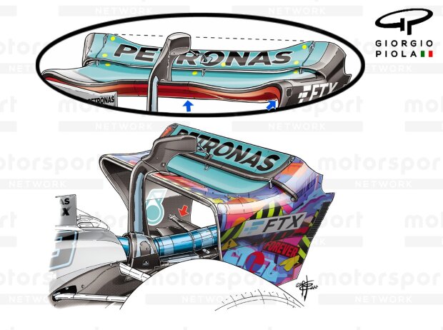 Heckflügel-Details am Mercedes W13 beim Formel-1-Rennen 2022 in Miami